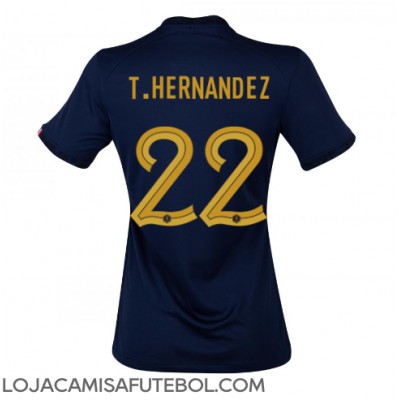 Camisa de Futebol França Theo Hernandez #22 Equipamento Principal Mulheres Mundo 2022 Manga Curta